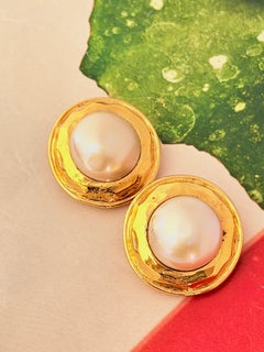Chanel Vintage Iconic Rare Gold Large Hammered White Pearl Round Circle Earrings