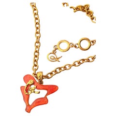 Christian Lacroix Gold Brutalist Orange Enamel Heart Drop Cable Link Necklace