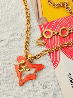 Christian Lacroix Gold Brutalist Orange Enamel Heart Drop Cable Link Necklace