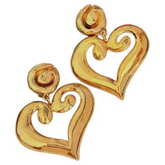 Christian Lacroix Iconic Rare Gold Large Heart Love Engraved Logo Drop Earrings