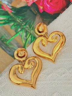 Christian Lacroix Iconic Rare Gold Large Heart Love Engraved Logo Drop Earrings