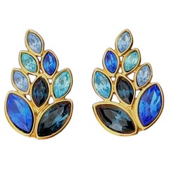 Yves Saint Laurent YSL Iconic Gold Sapphire Blue Crystals Marquise Leaf Earrings
