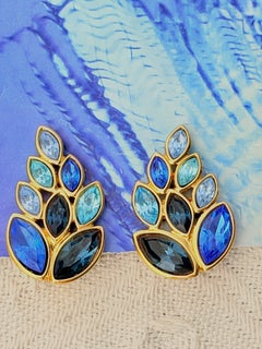 Yves Saint Laurent YSL Iconic Gold Sapphire Blue Crystals Marquise Leaf Earrings