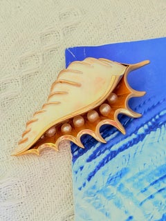 Crown Trifari Tropical Fantasies Undersea Orange White Pearls Seashell Brooch
