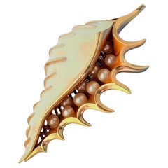 Crown Trifari Tropical Fantasies Undersea Orange White Pearls Seashell Brooch