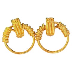 Chanel Vintage 1994 Iconic Rare Gold Large Circle Hoop Coco Drop Chunky Earrings