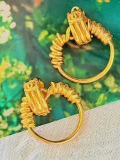 Chanel Vintage 1994 Iconic Rare Gold Large Circle Hoop Coco Drop Chunky Earrings