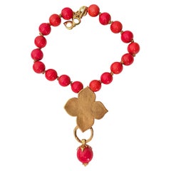 Yves Saint Laurent YSL Vintage Iconic Large Coral Beads Lucky Clover Necklace