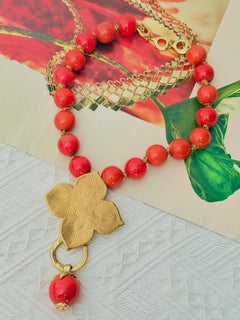 Yves Saint Laurent YSL Vintage Iconic Large Coral Beads Lucky Clover Necklace