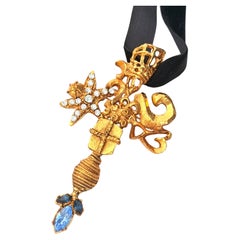 Christian Lacroix Haute Couture Iconic Rare Gold Cross Sapphire Brooch Pendant