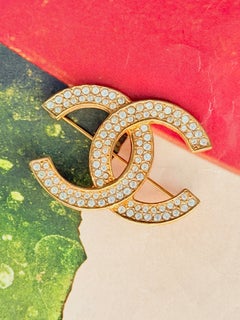 CHANEL Iconic Karl Lagerfeld Gold Clear Shining Crystals Logo CC Coco Brooch
