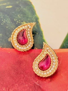 Christian Dior Iconic Rare Gripoix Ruby Gold Large Peacock Eye Crystals Earrings