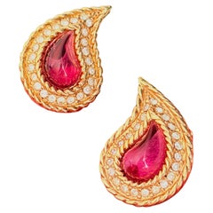 Christian Dior Iconic Rare Gripoix Ruby Gold Large Peacock Eye Crystals Earrings
