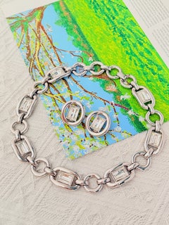 Christian Dior Haute Couture Rectangle Circle Oval Crystals Link Silver 2 Set