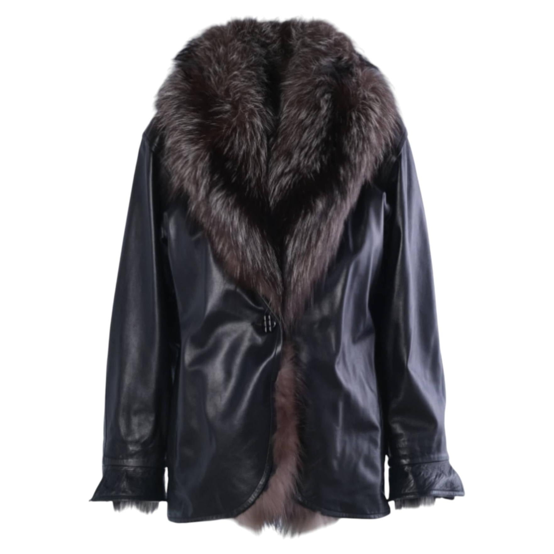 Yves Saint Laurent Black Leather Coat with Silver Fox Fur Trim -'90s For Sale