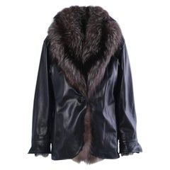 Yves Saint Laurent Black Leather Coat with Silver Fox Fur Trim -'90s