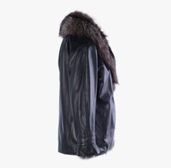 Yves Saint Laurent Black Leather Coat with Silver Fox Fur Trim -'90s
