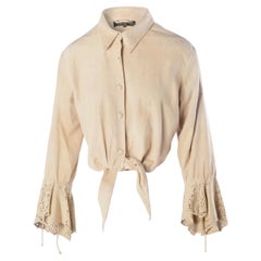 Roberto Cavalli Beige Suede Lace-Trim Tie-Front Blouse - '00s