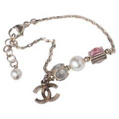 Chanel Multicolor Pearl Bracelet with CC Charm Logo- '10s