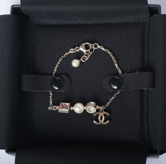 Chanel Multicolor Pearl Bracelet with CC Charm Logo- '10s