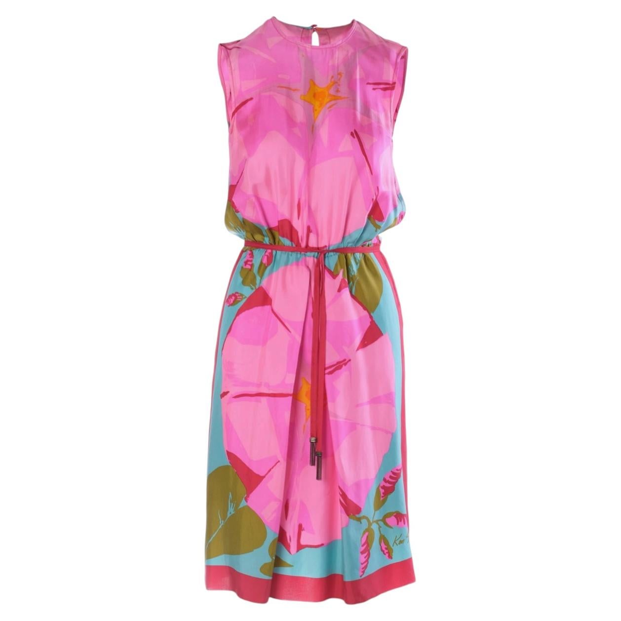 Pre-owned Ken Scott Vintage Pink Floral Silk Midi Dress With Tassel Belt - '80s