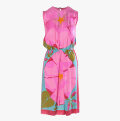 Ken Scott Vintage Pink Floral Silk Midi Dress with Tassel Belt - '80s