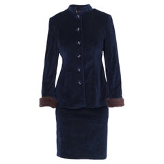 Blumarine Navy Velvet Skirt Suit With Fur Cuffs - '00s