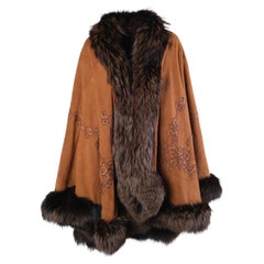 Adrienne Landau Vintage Brown Embroidered Suede & Fox Fur Cape - '90s