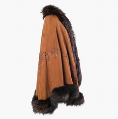 Adrienne Landau Vintage Brown Embroidered Suede & Fox Fur Cape - '90s