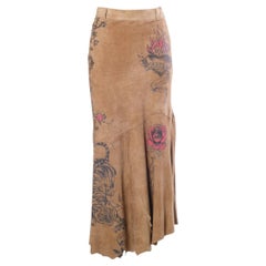 Roberto Cavalli Tattoo Tiger Printed Suede Maxi Skirt- '00s