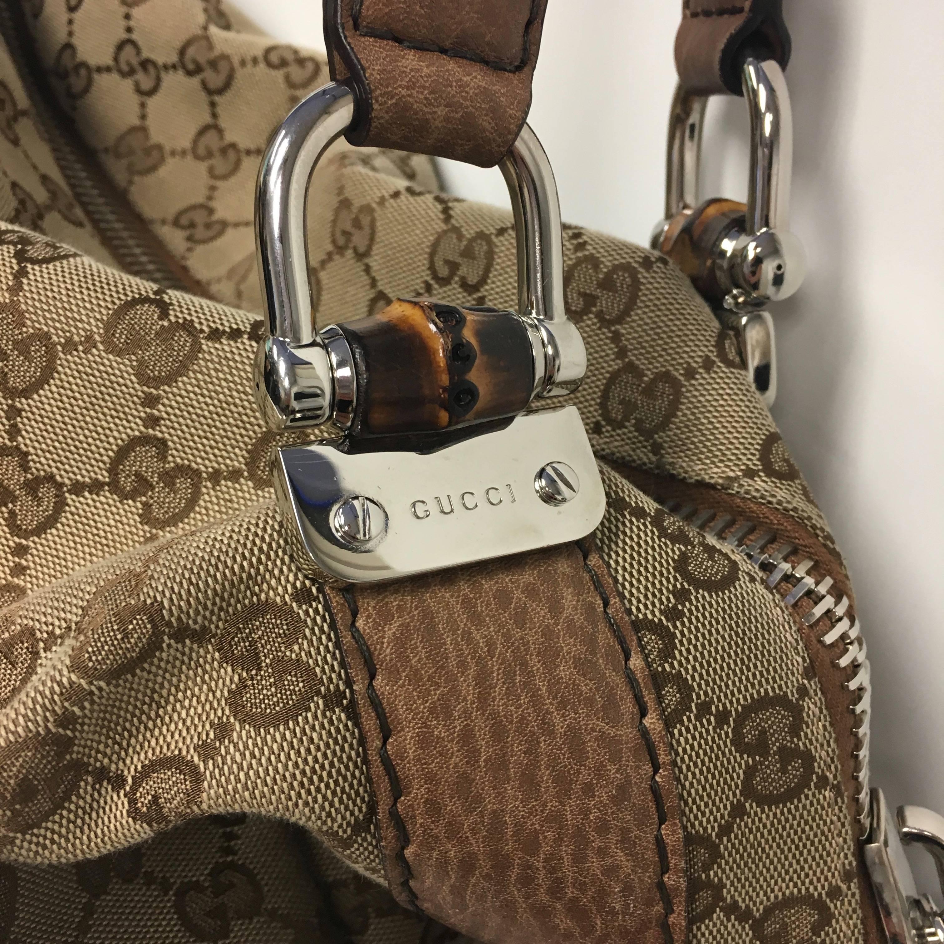 Women's or Men's Gucci Beige GG Monogram Canvas Bamboo Bar Large Travel Tote