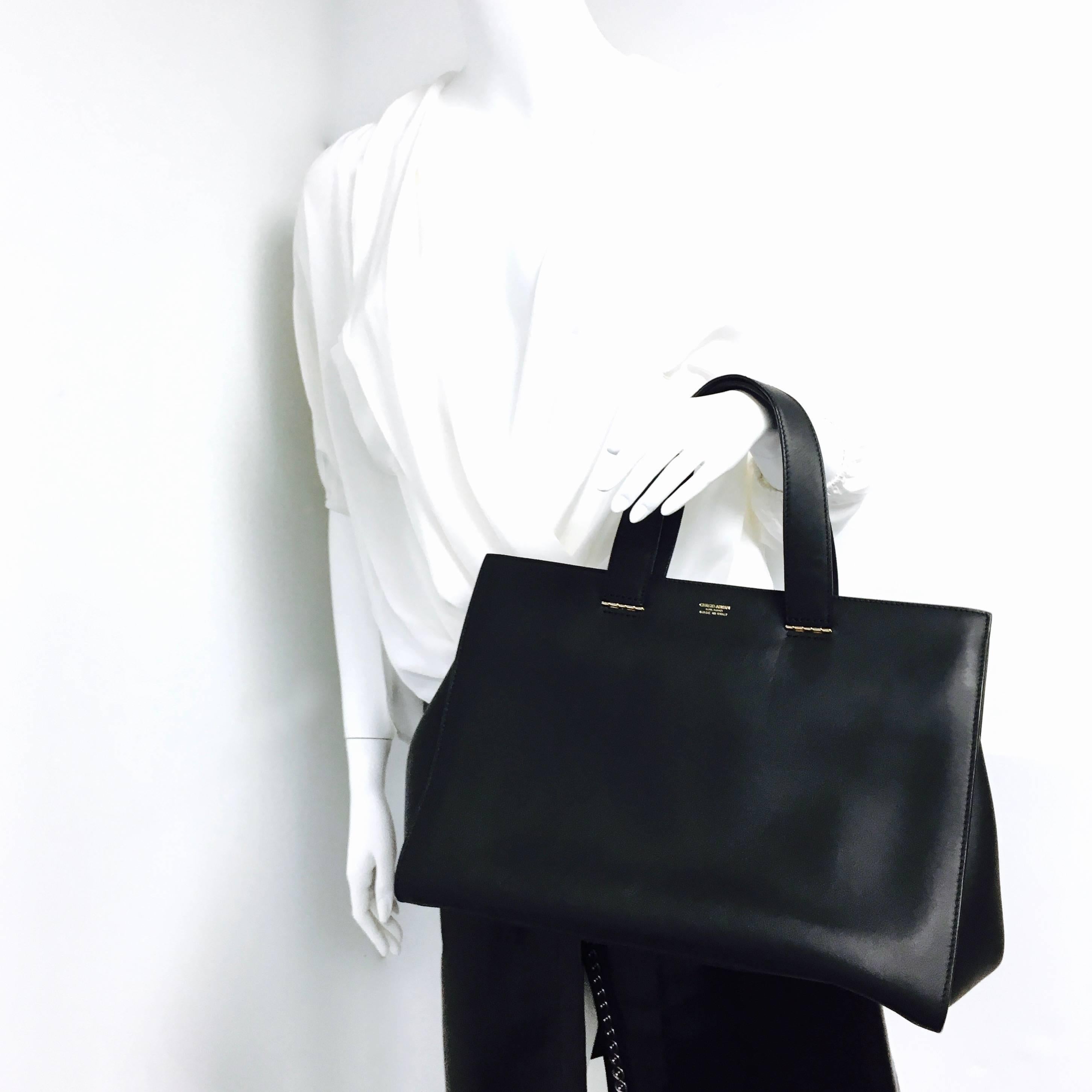 GIORGIO ARMANI  Black Leather Trapeze Tote Large Bag 3
