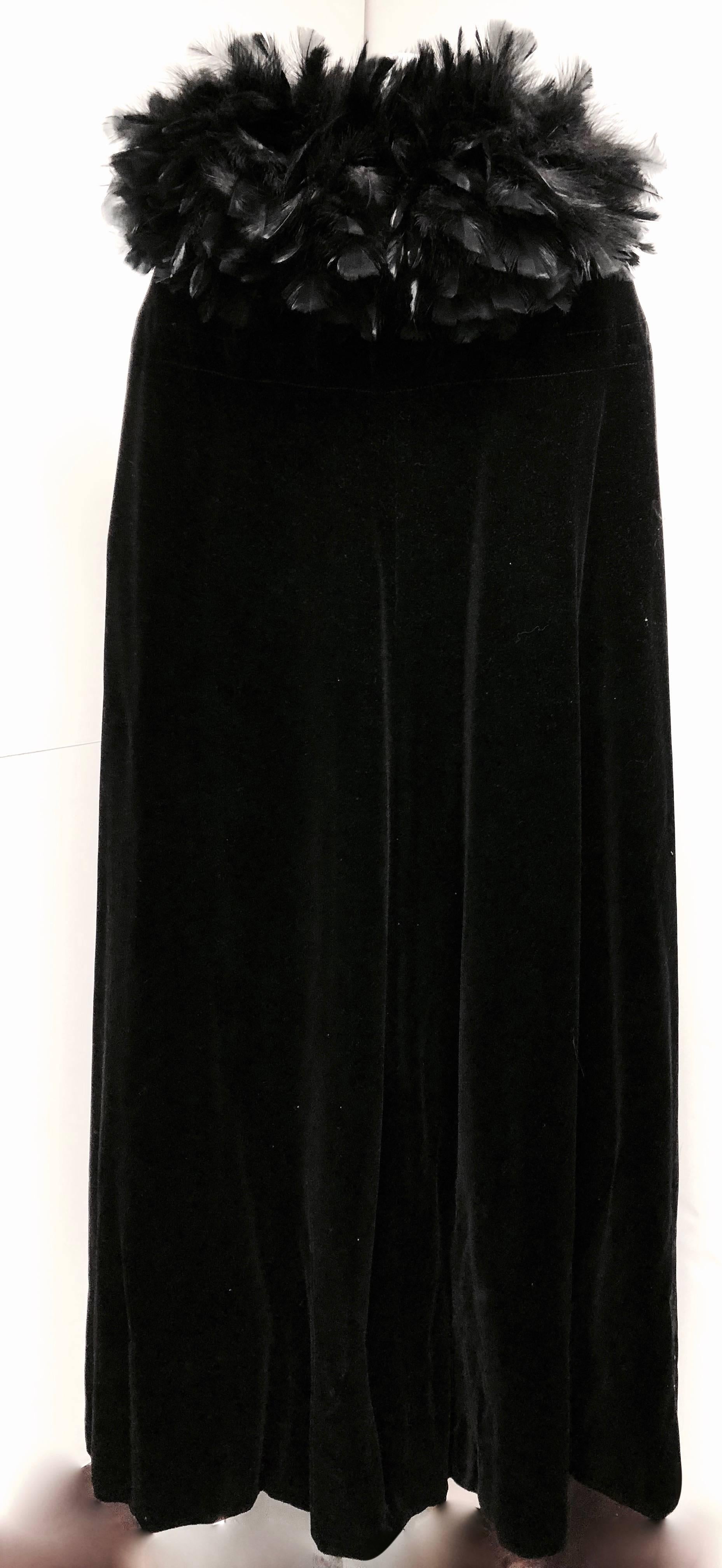 French Vintage Full Length Black Velvet and Feather Cape For Sale 2