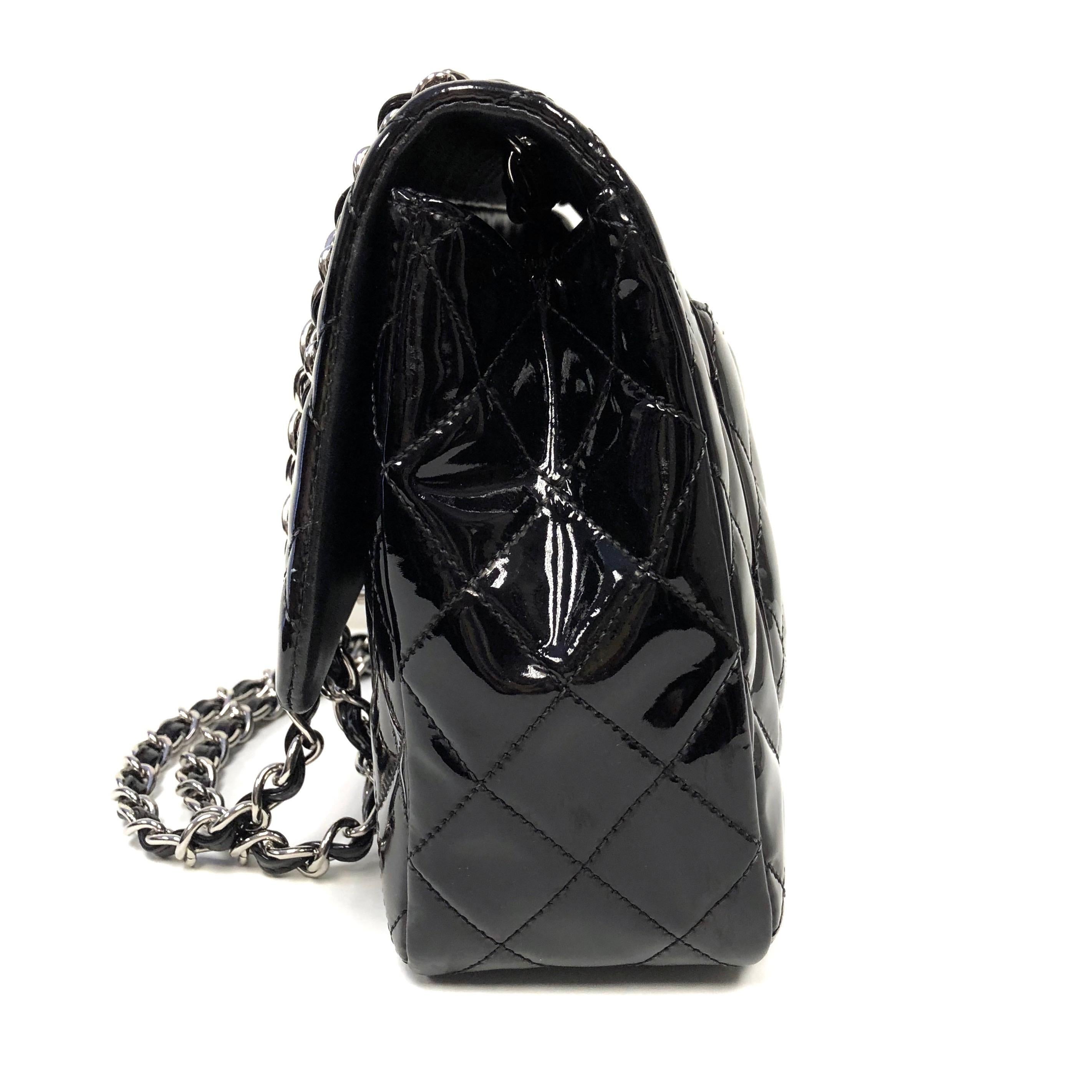 Women's or Men's Chanel Classic Quilted Jumbo Single Flap Black Patent Bag 