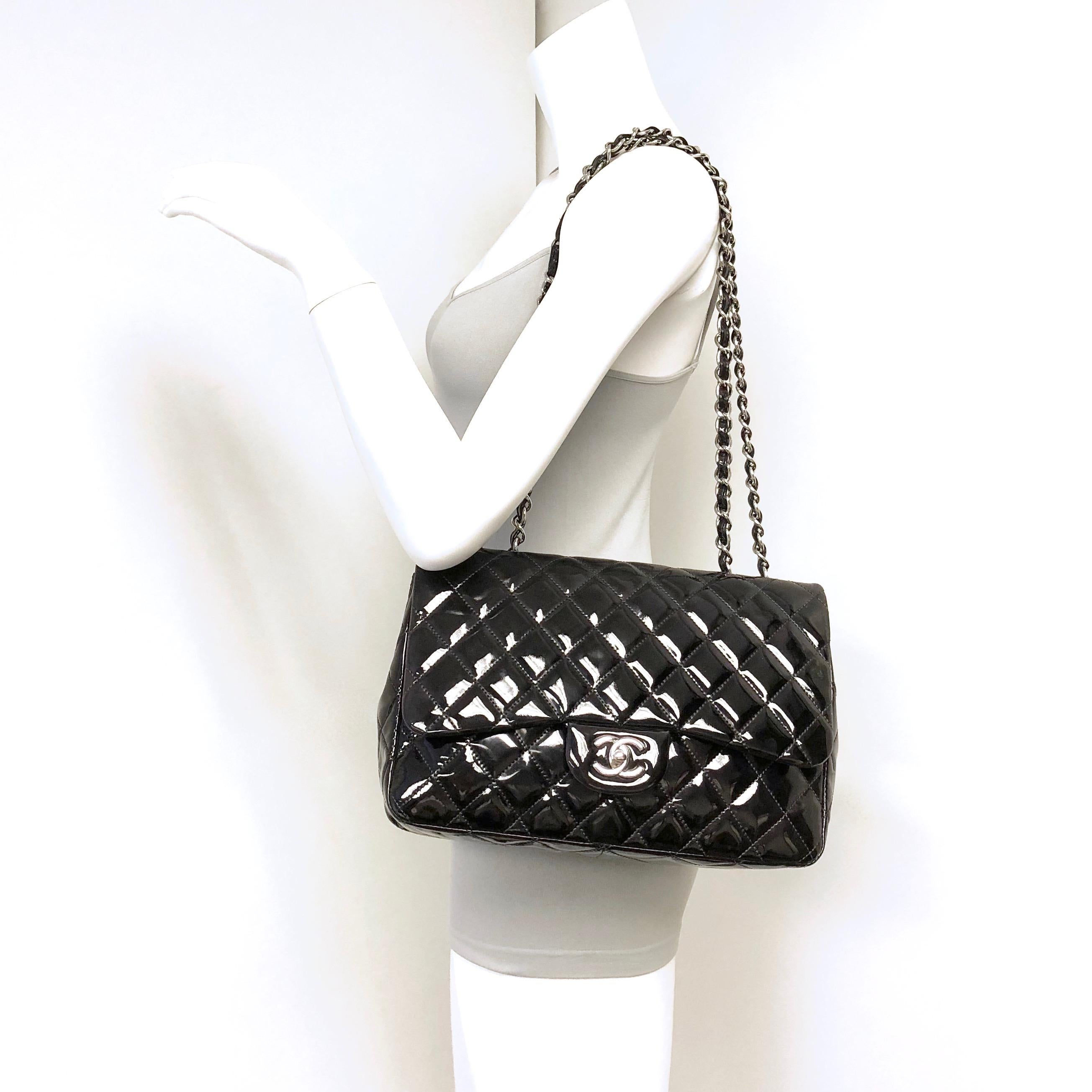 Chanel Classic Quilted Jumbo Single Flap Black Patent Bag  9