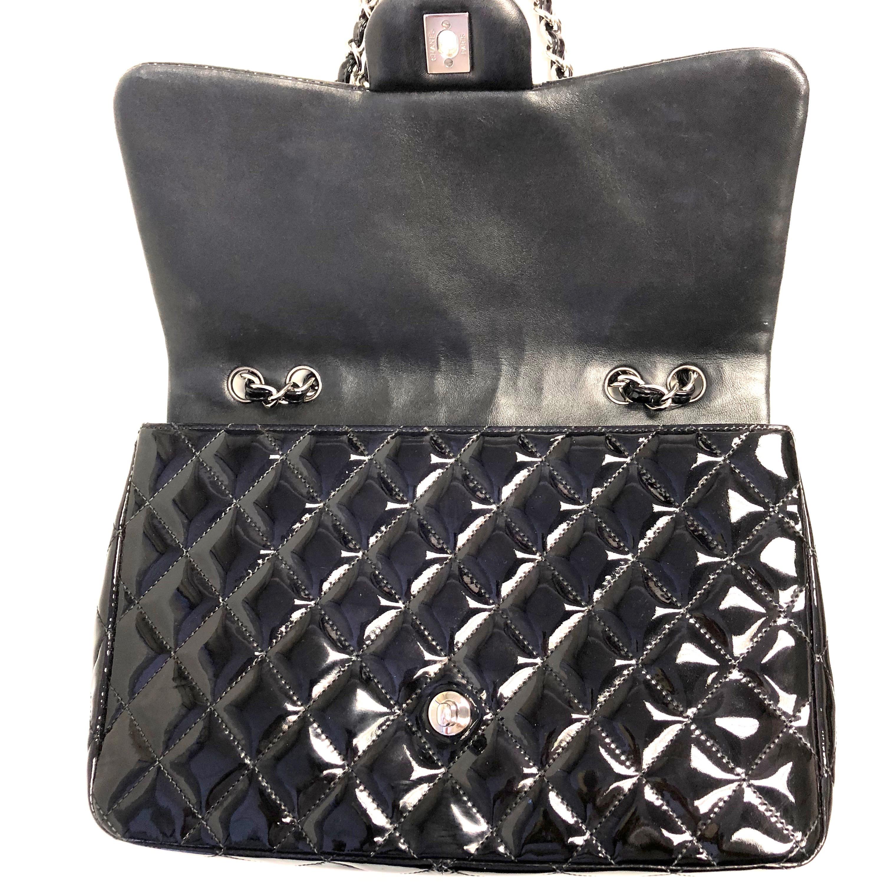 Chanel Classic Quilted Jumbo Single Flap Black Patent Bag  2