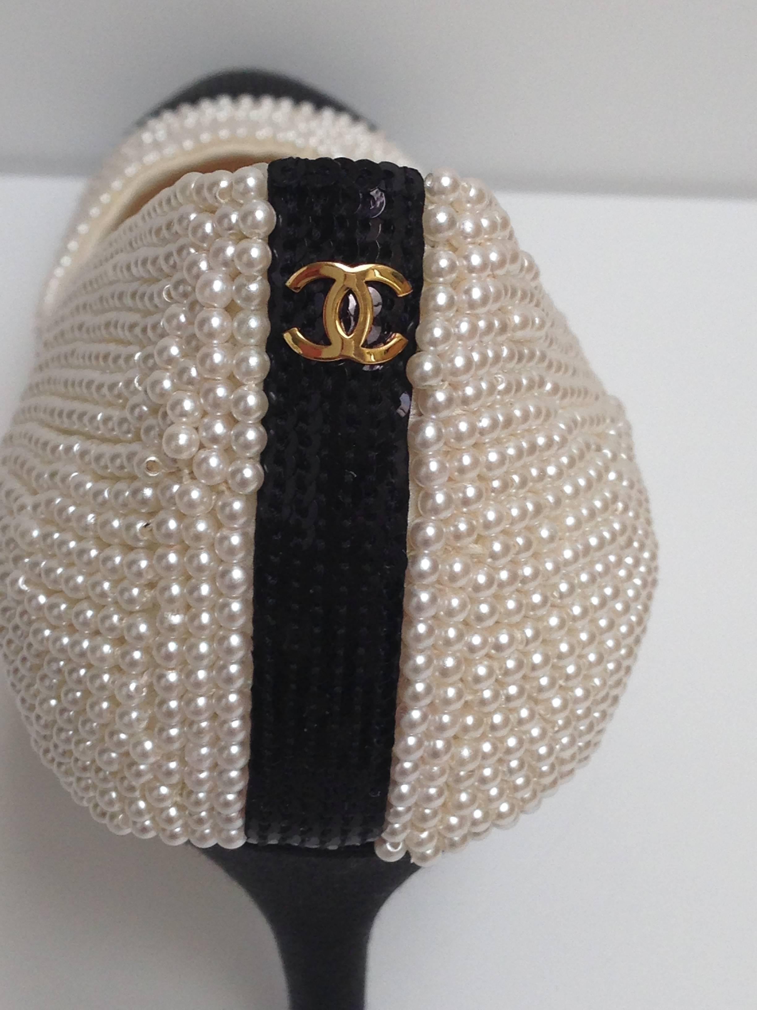 Women's CHANEL Pearl Encrusted Spectator Pumps Cap Toe Shoes Size 40