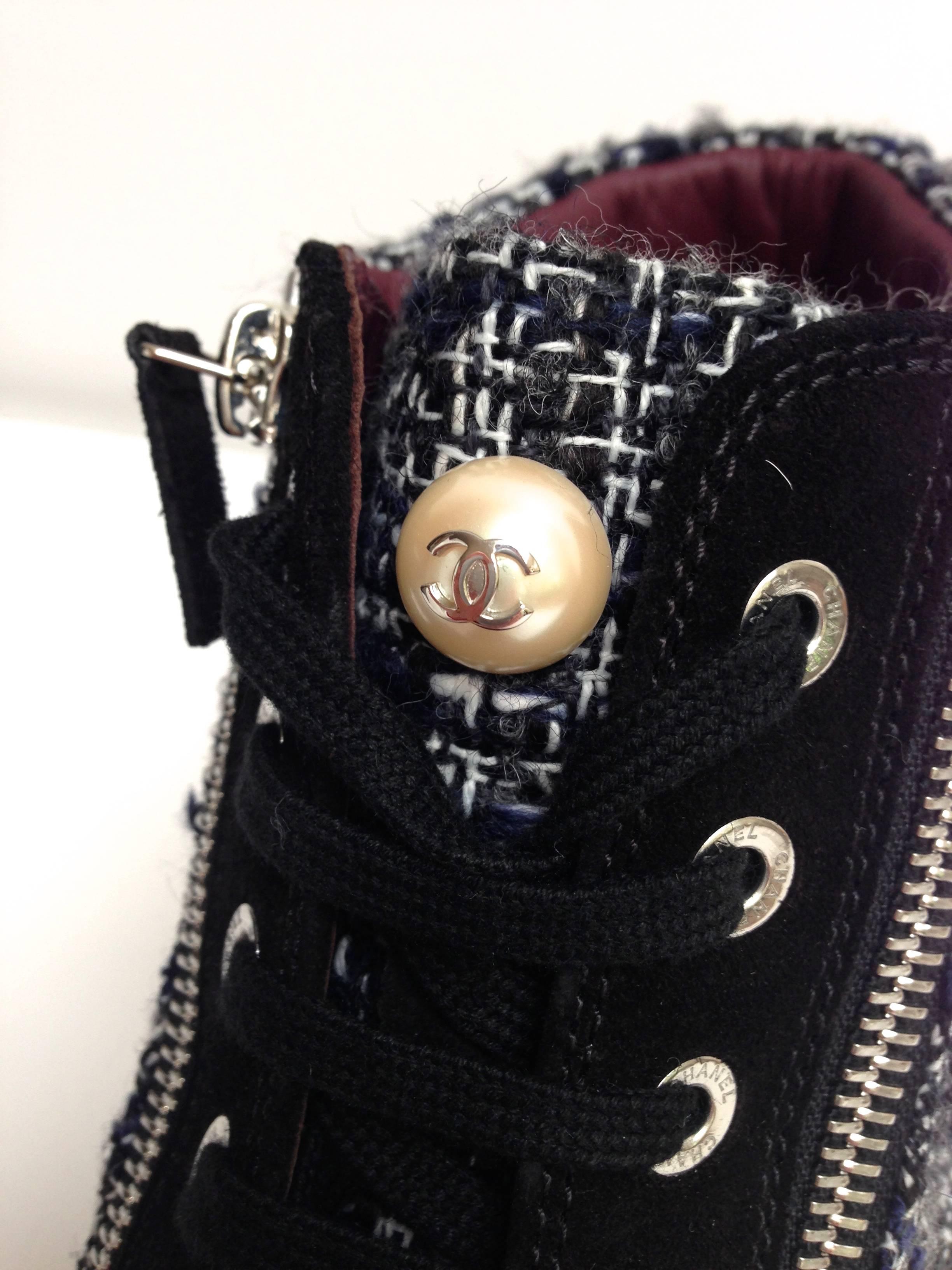 Chanel Lace Up Tweed CC Logo Pearl High Top Sneakers  In Excellent Condition In Westlake Village, CA