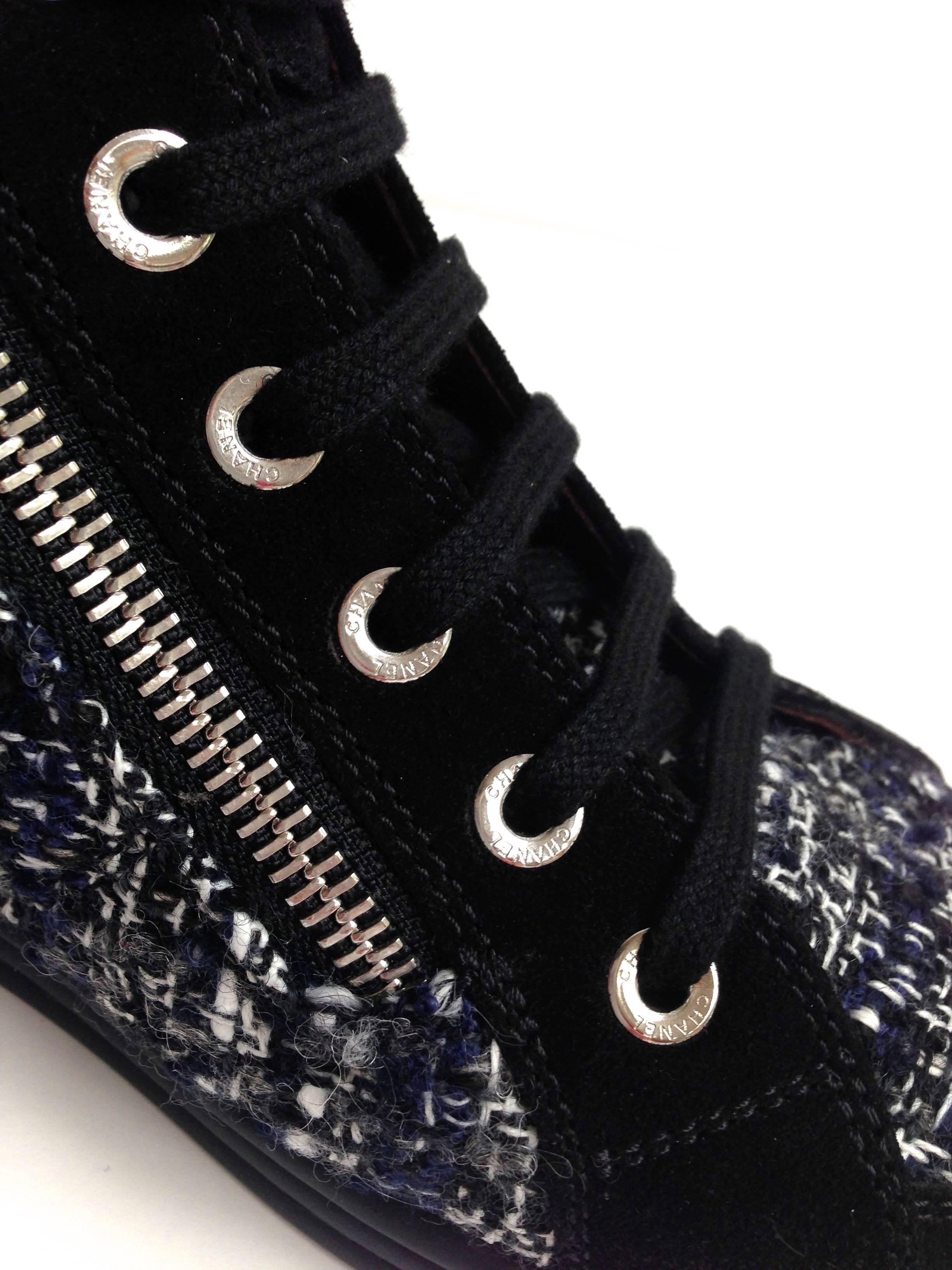 Chanel Lace Up Tweed CC Logo Pearl High Top Sneakers  2