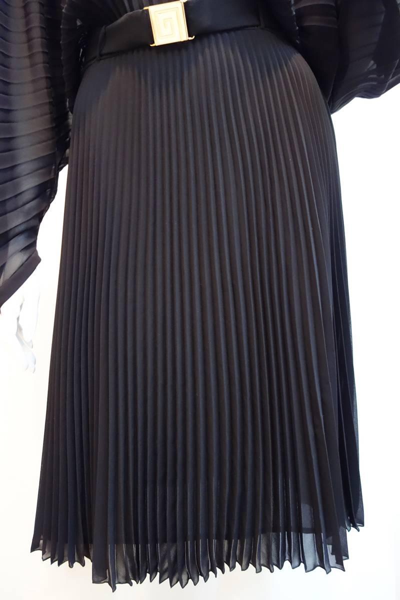 Gianni Versace Couture Black Pleated, Belted Chiffon Dress 1990s In Excellent Condition In Westlake Village, CA