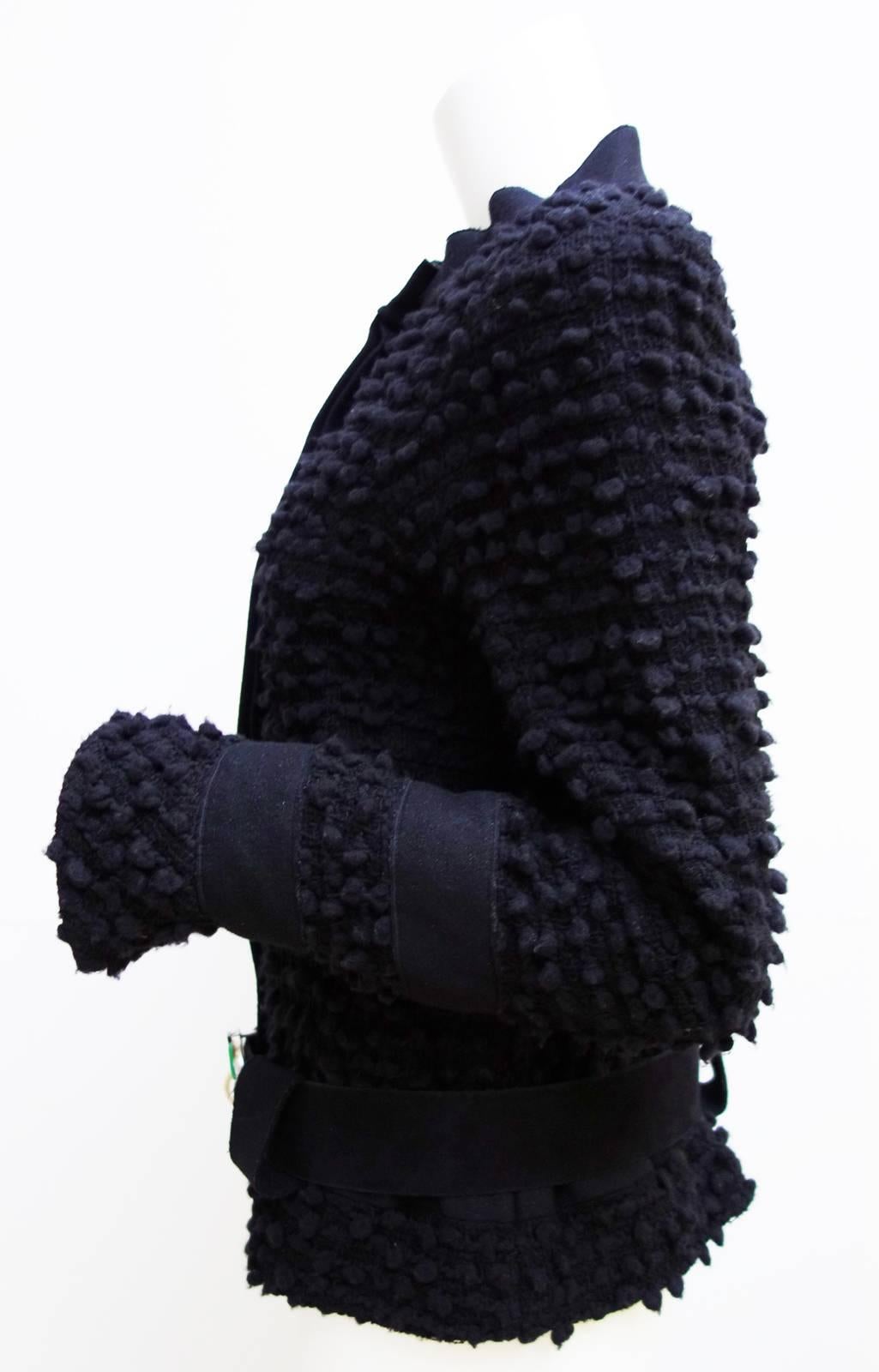 Chanel Black Wool Popcorn Tweed Gripoix Belt Jacket Size 40 For Sale 1