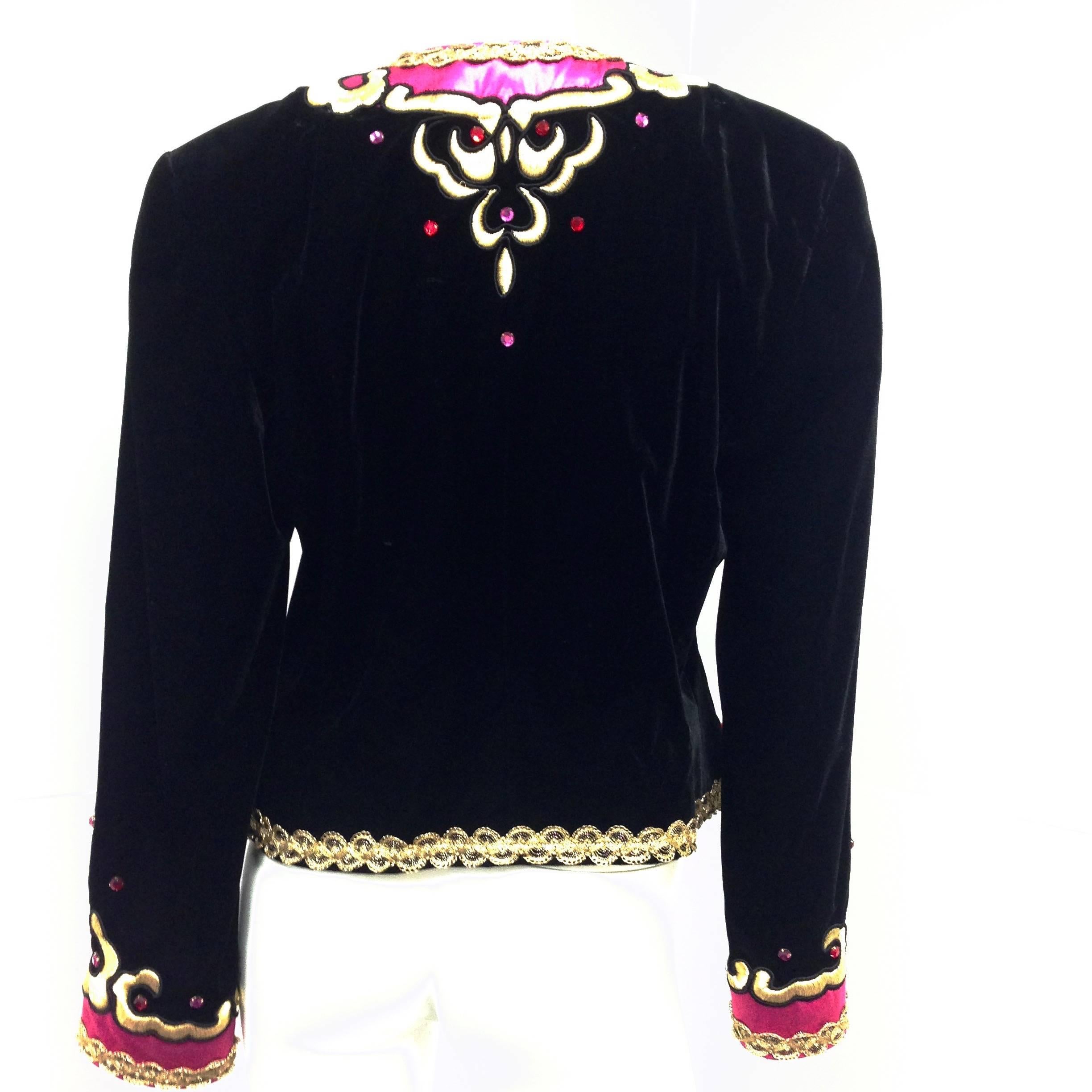 Women's Escada by Margaretha Ley Black Velvet Fuchsia and Gold Evening Jacket, 1980s