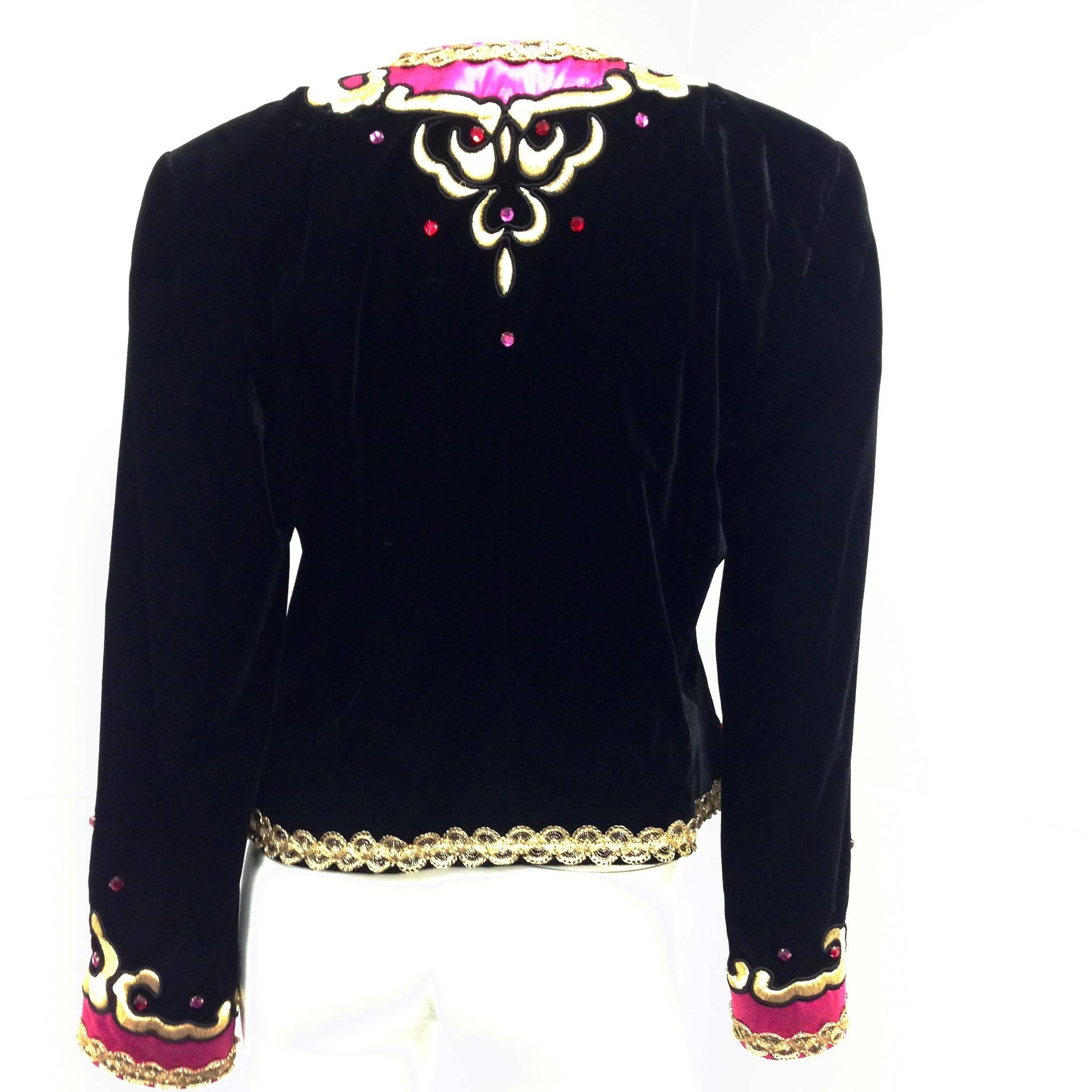 Women's Escada by Margaretha Ley Black Velvet Fuchsia and Gold Evening Jacket, 1980s  