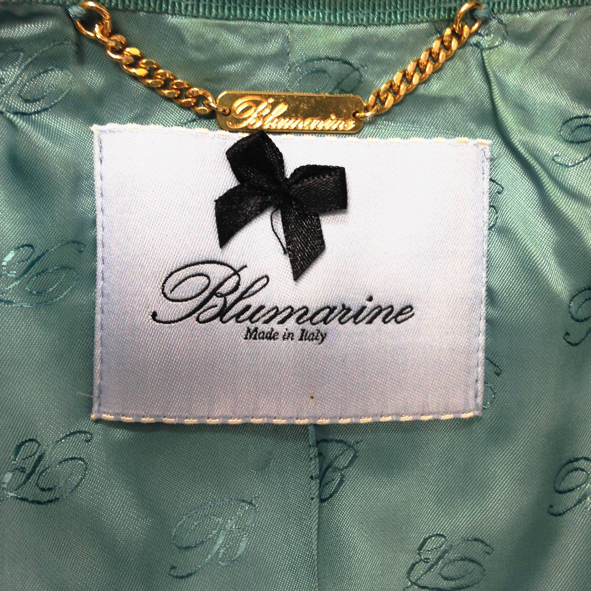 Blumarine Aqua and Gold Embroidered Tweed Jacket  In Excellent Condition In Westlake Village, CA