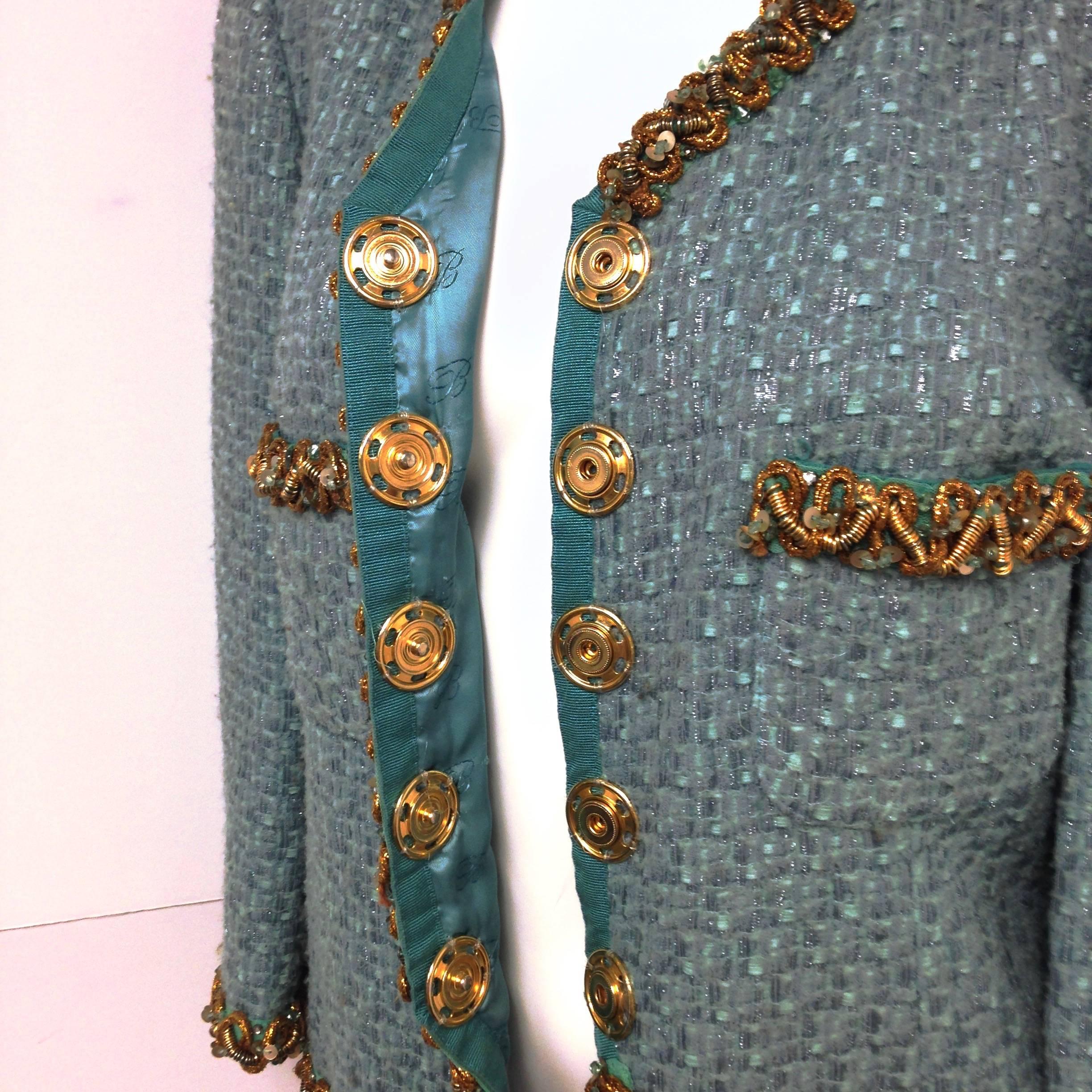Gray Blumarine Aqua and Gold Embroidered Tweed Jacket 
