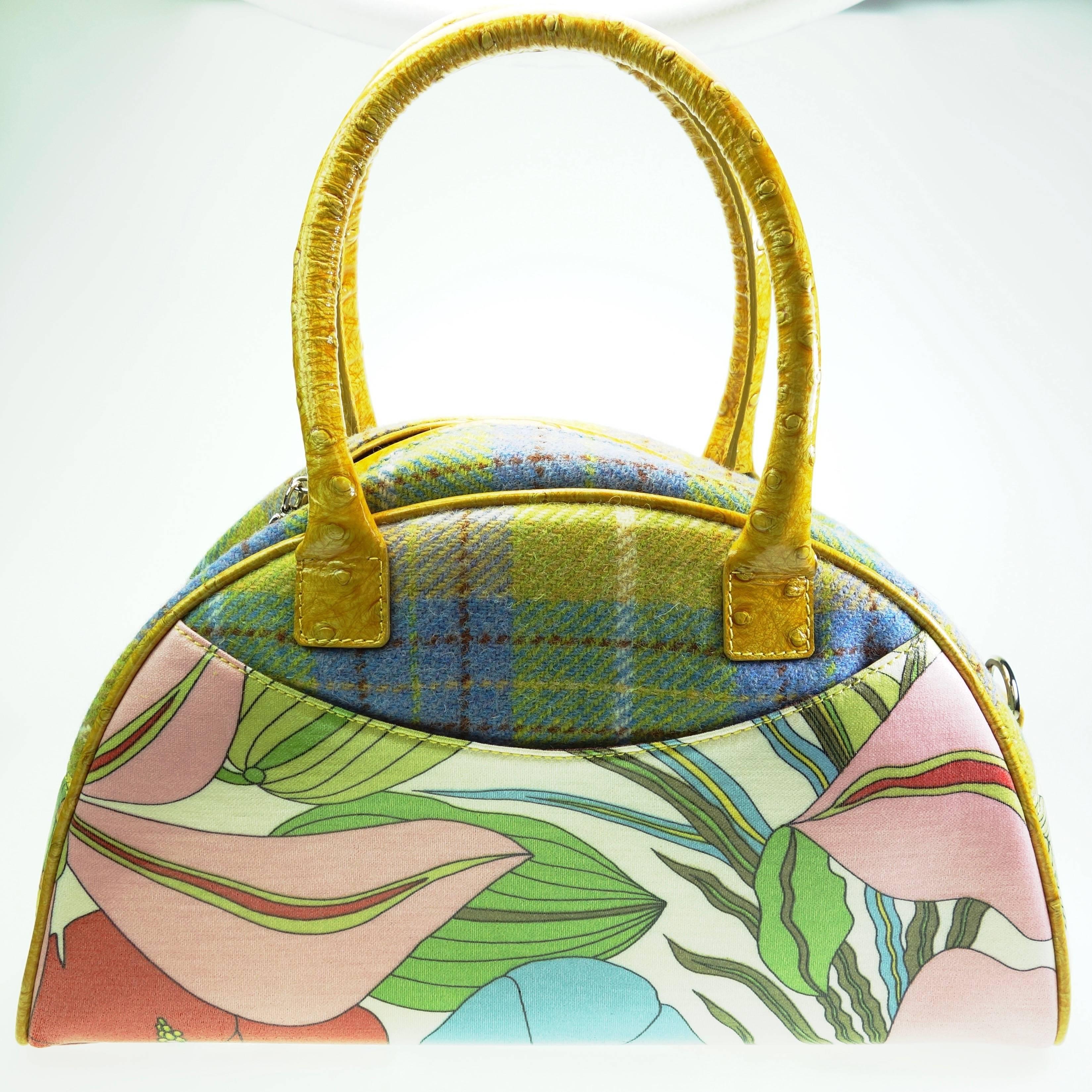 John Galliano Paris Multi Color Ostrich Embossed Leather Satchel Handbag 1