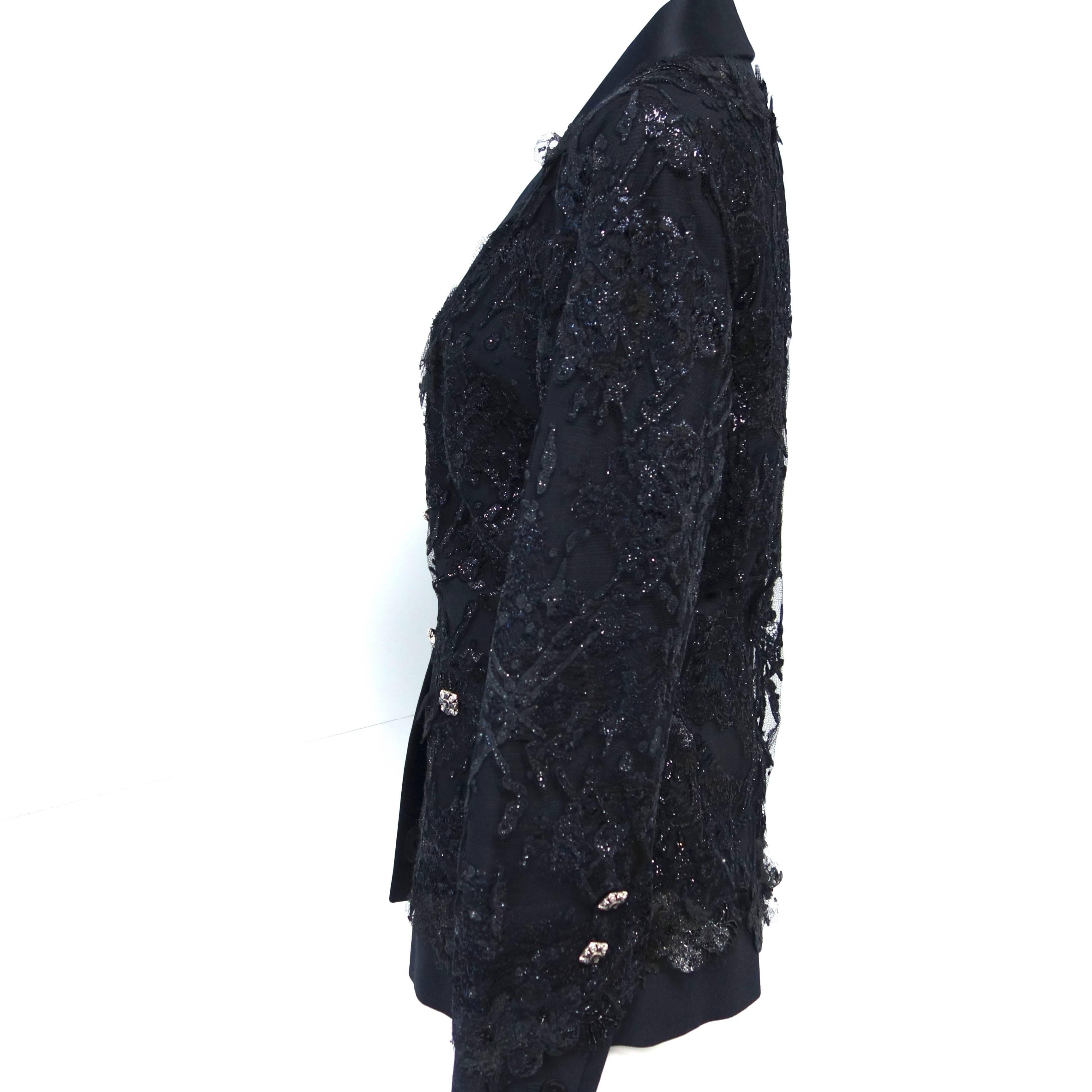 Chanel 2011 fall runway collection black silk satin and Lesage lace jacket. Tagged size FR 40. 
Measurements: 
35