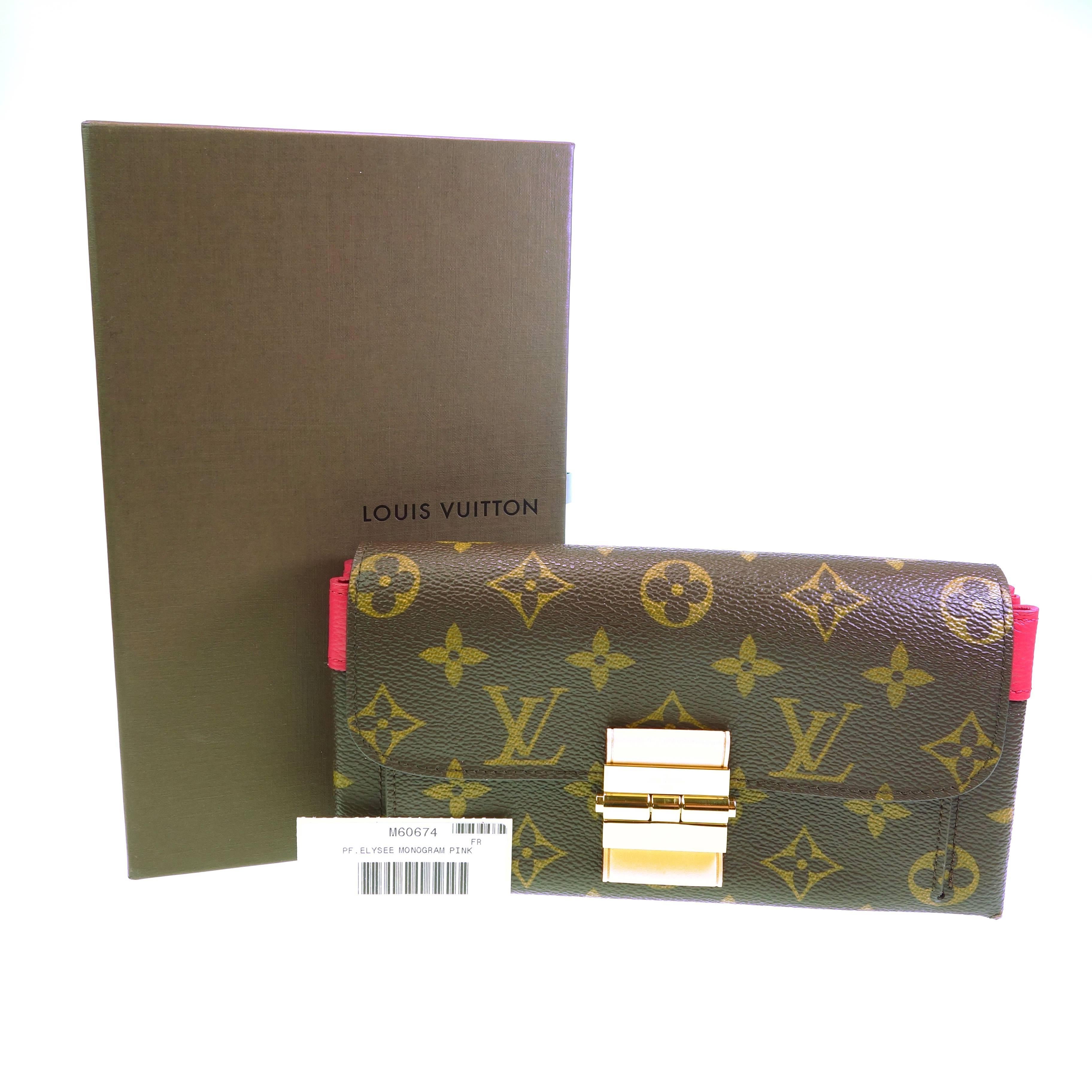 Louis Vuitton Elysee Pink Monogram Wallet Sold Out Color
The Elysée Wallet in iconic Monogram canvas is a stylish blend of vintage-inspired details and exquisite materials. Luxurious calf leather and a classic golden brass S-lock add to its