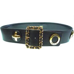 CHANEL 93P Gold CC Logos and Chain Large Buckle Black Belt Vintage
