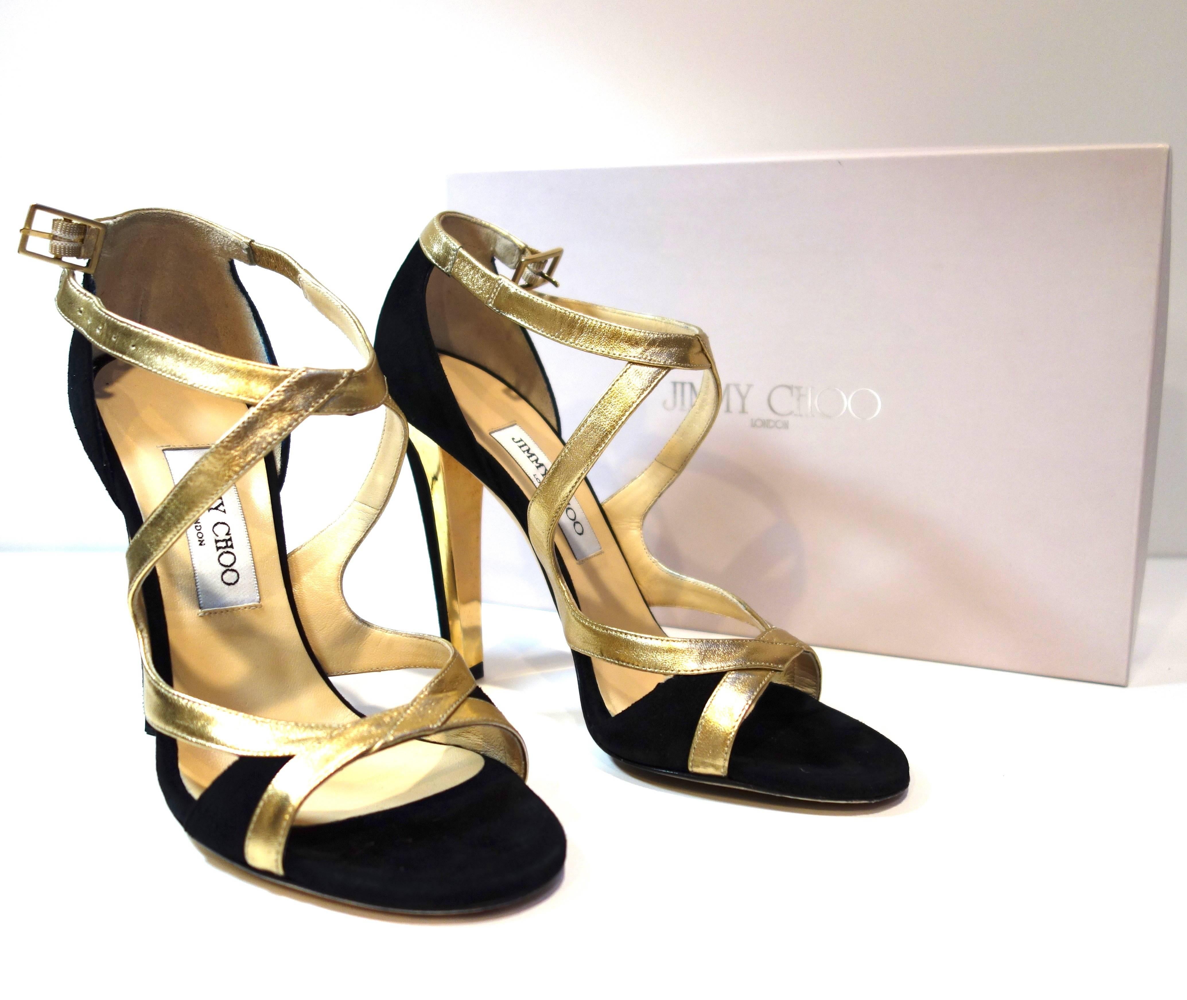 Beige Jimmy Choo Black Suede Gold Leather 'Texas' Sandals 38.5 For Sale